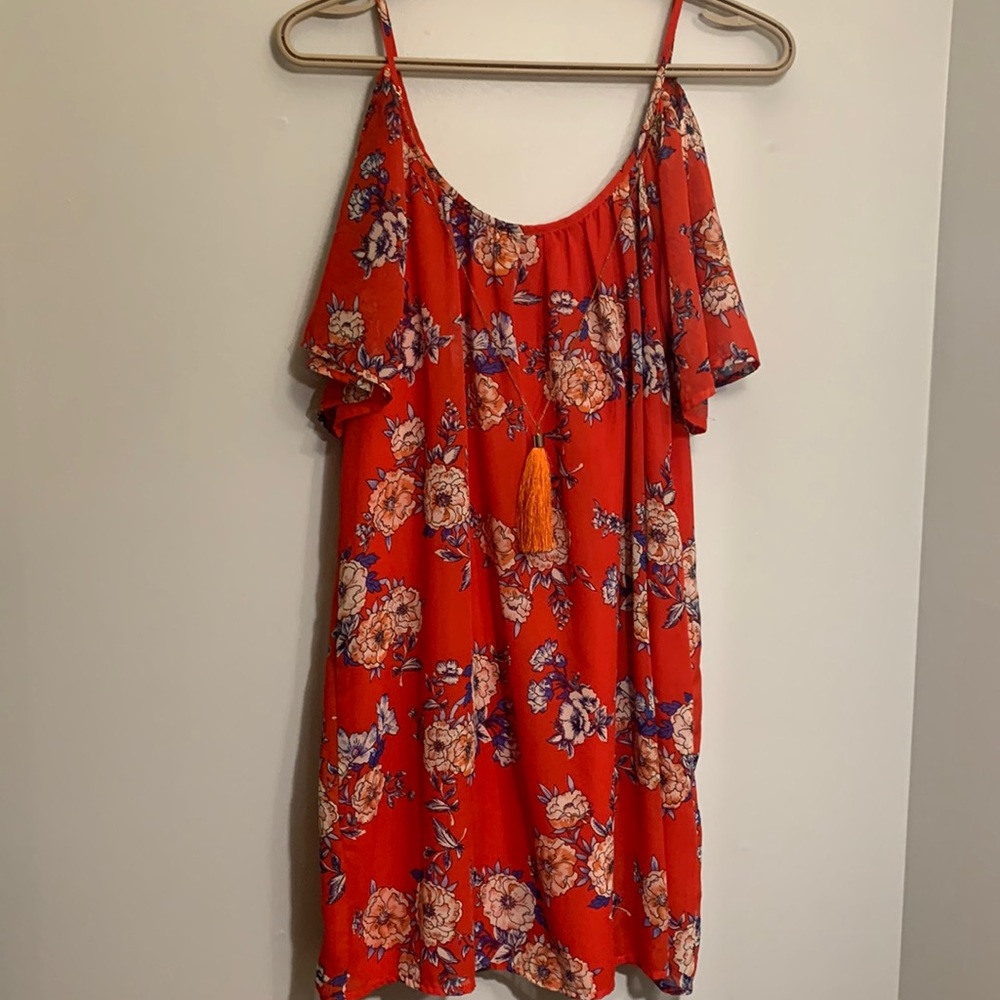 Floral lined red womens small tunic length blouse / dress